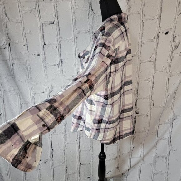 Lavender Purple Plaid Double Pocket Button Down Long Sleeve Bleach Splatter Sz L - Picture 6 of 7
